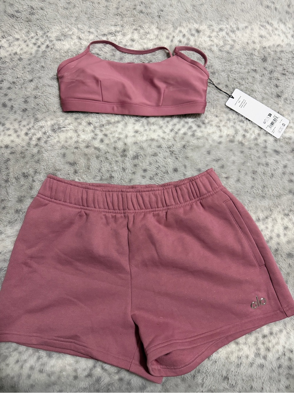 ALO Yoga Mauve-Pink Sports Bra and High-Rise Shorts Set